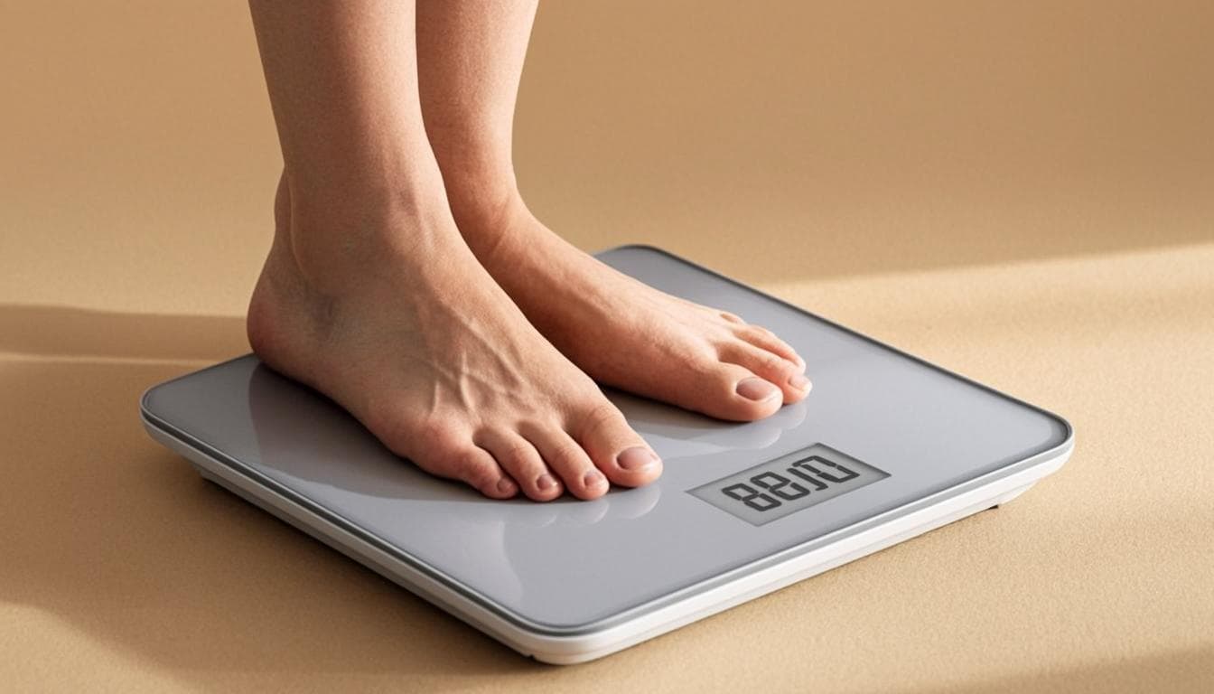 A modern smart body fat scale on a warm cream bathroom floor