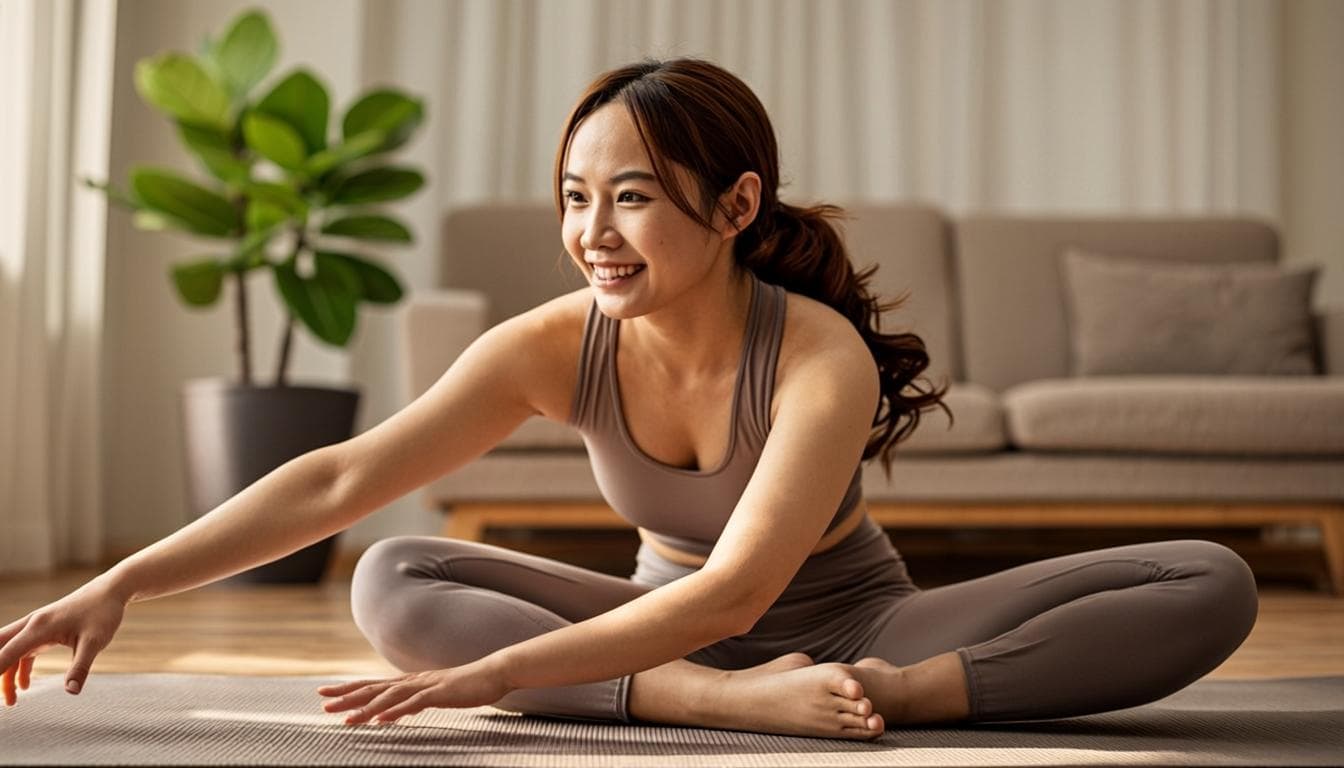 A woman practicing a gentle yoga hip opener on a cream mat in a sunlit living room